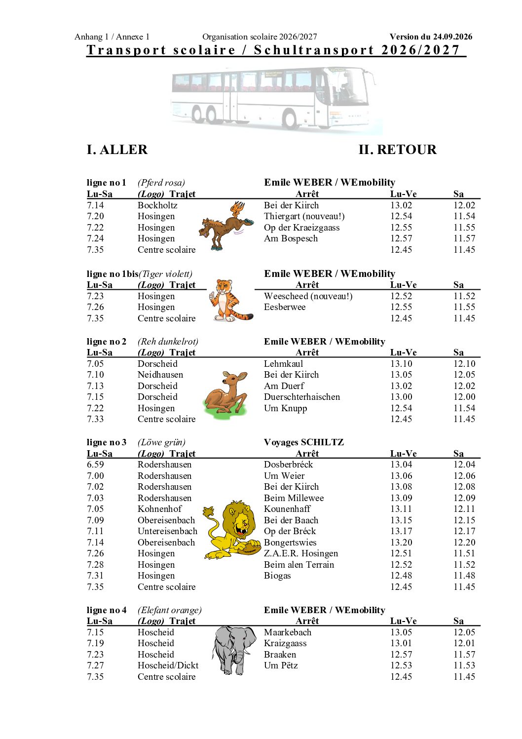 Horaires transport scolaire 2026-2027